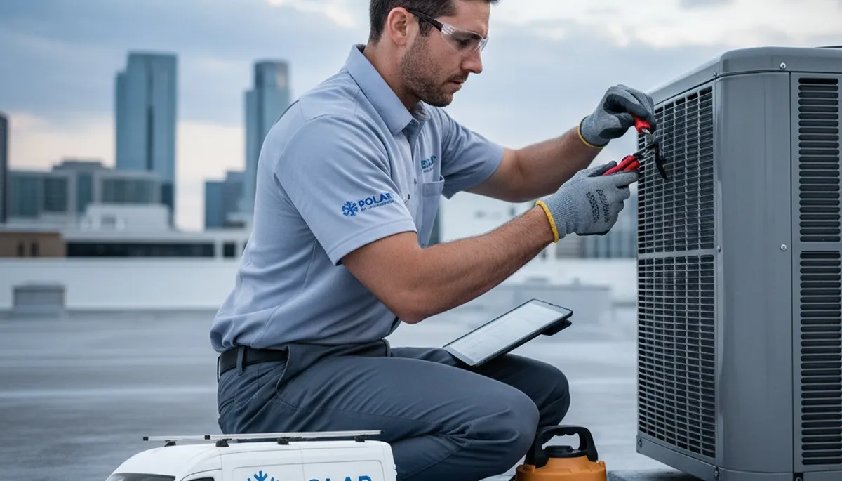 Technician repairing home air conditioner unit in Milwaukee WI for Five Star Cooling service