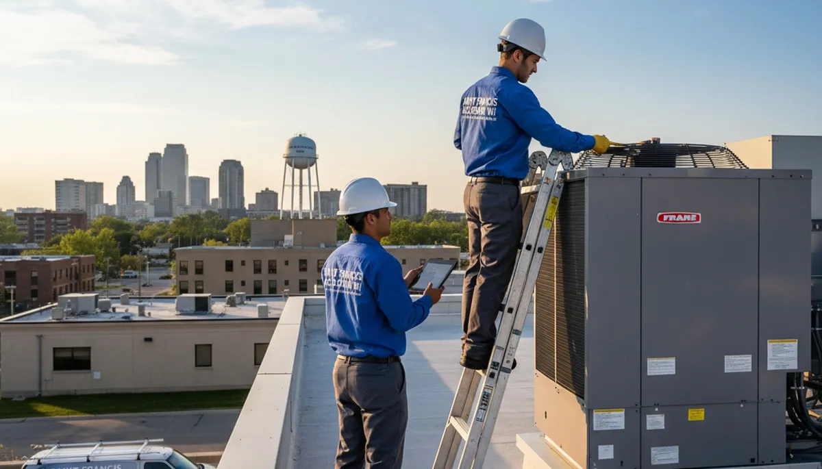 Professional AC repair technician servicing cooling unit in Milwaukee, WI