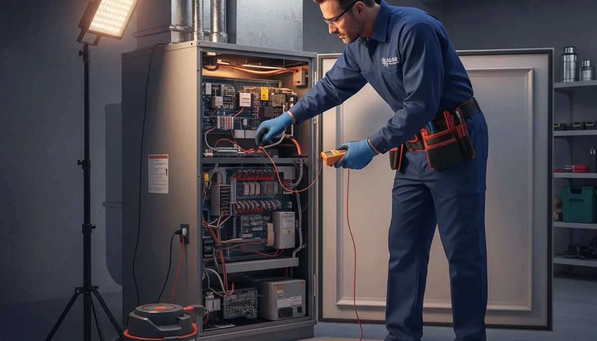 Technician performing furnace repair service in Milwaukee WI home for Five Star Cooling